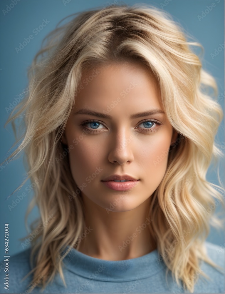 Portrait of beautiful blonde happy girl with blue eyes isolated on bokeh background, fashion banner with copy space text Portrait of beautiful blonde happy girl with blue eyes isolated on bokeh background, fashion banner with copy space text