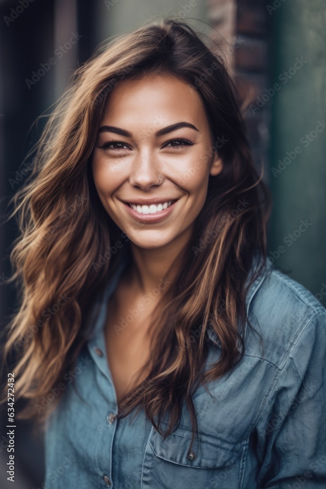 a gorgeous woman smiling at you while wearing a casual outfit a gorgeous woman smiling at you while wearing a casual outfit