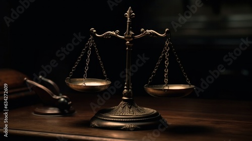 a golden law scales of justice on wooden table on black background.