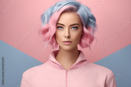 Artistic portrait, beautiful caucasian girl with pink blue hair on pink background, fashion banner with copy space text 