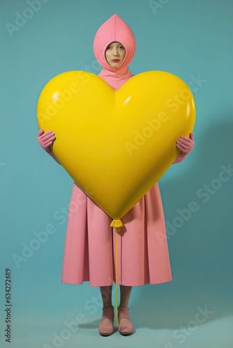A woman wearing a pink headscarf and gloves stands with a yellow heart balloon, her face filled with joy and hope photo