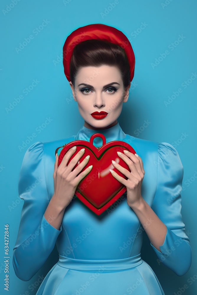 A fashionable woman stands confidently indoors, her red lipstick and blue clothing drawing attention to the heart-shaped object she proudly holds in her hands A fashionable woman stands confidently indoors, her red lipstick and blue clothing drawing attention to the heart-shaped object she proudly holds in her hands