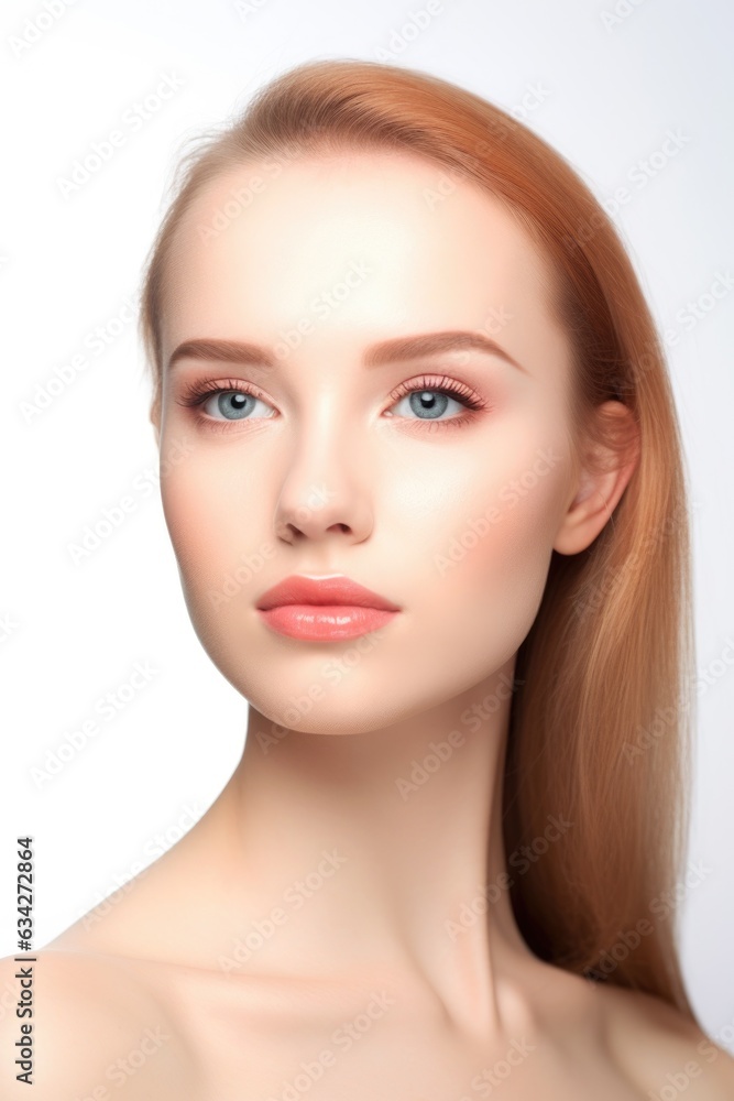 portrait of a beautiful young woman with flawless skin posing against a white background