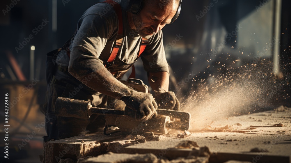 Workers use power tools every break. Concrete at the construction site Workers use power tools every break. Concrete at the construction site
