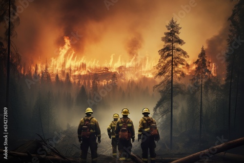 Professional firefighters extinguish the forest, climate change, global warming