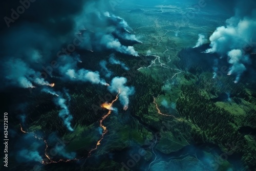 Green forest in fire, natural disaster, climate change, global warming, top view