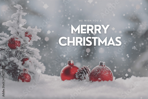White Blurry Background with Christmas Decorations and the Words "Merry Christmas"
