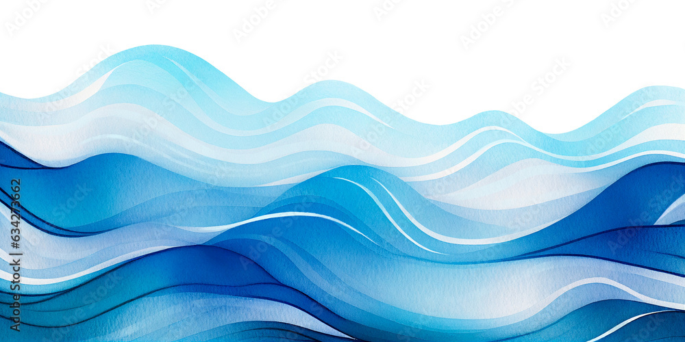 Ocean water waves illustration, blue wavy lines for copy space text. Teal lake wave flowing motion web banner. Sea foam watercolor effect backdrop. Pool water fun ripples cartoon. Hand painted touches Ocean water waves illustration, blue wavy lines for copy space text. Teal lake wave flowing motion web banner. Sea foam watercolor effect backdrop. Pool water fun ripples cartoon. Hand painted touches