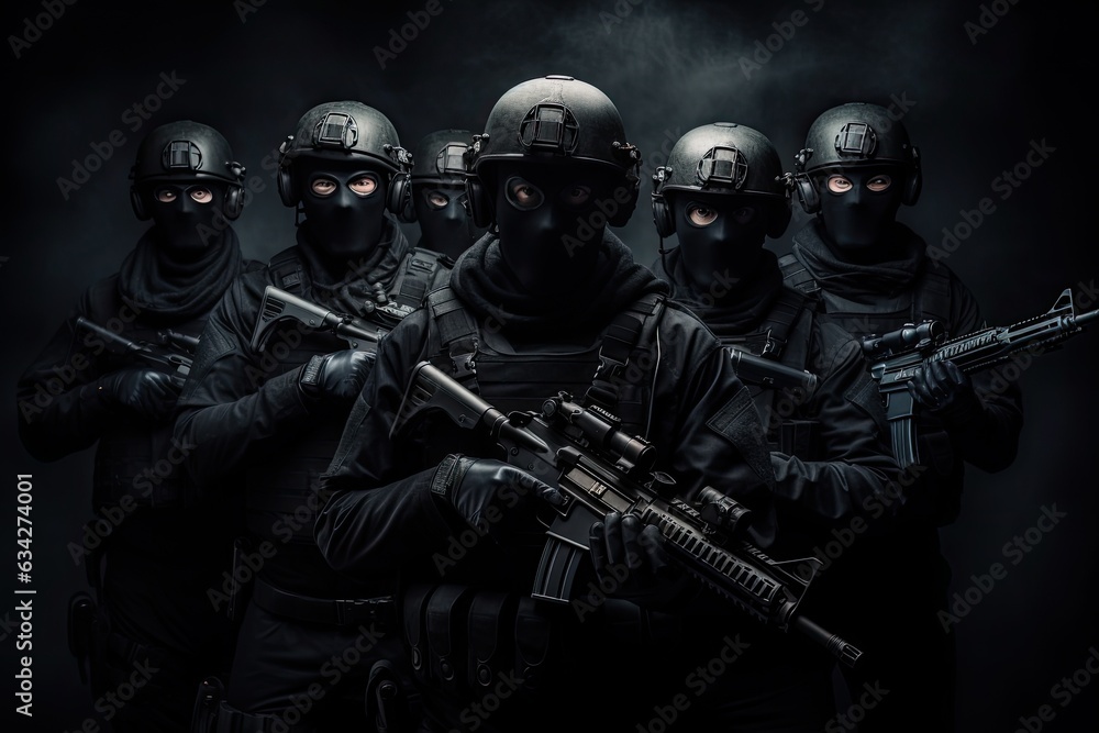 Group of special forces soldiers in black uniforms and masks with guns on dark background, Armed special forces group with shotguns on a Black background, face covered with masks, AI Generated