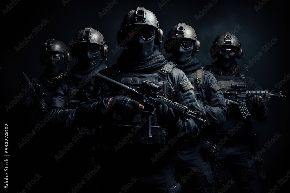 Group of special forces soldiers with assault rifle. Studio shot over dark background. Armed special forces group with shotguns on a Black background, face covered with masks, AI Generated