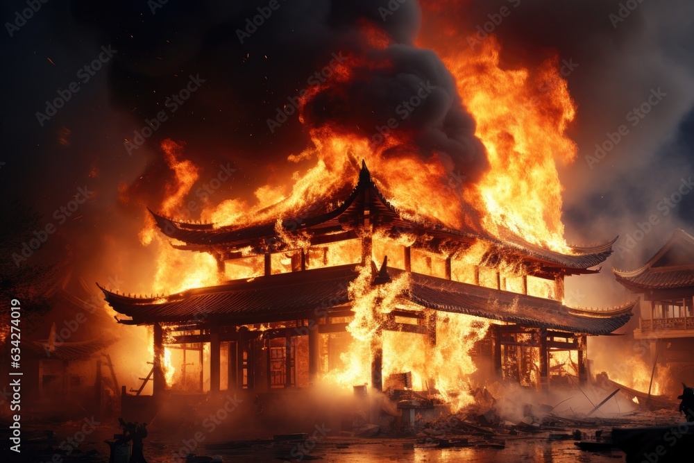 Burning Chinese temple at night. Fire and smoke in the temple. Asian house on fire and firefighters are trying to stop the fire, AI Generated Burning Chinese temple at night. Fire and smoke in the temple. Asian house on fire and firefighters are trying to stop the fire, AI Generated