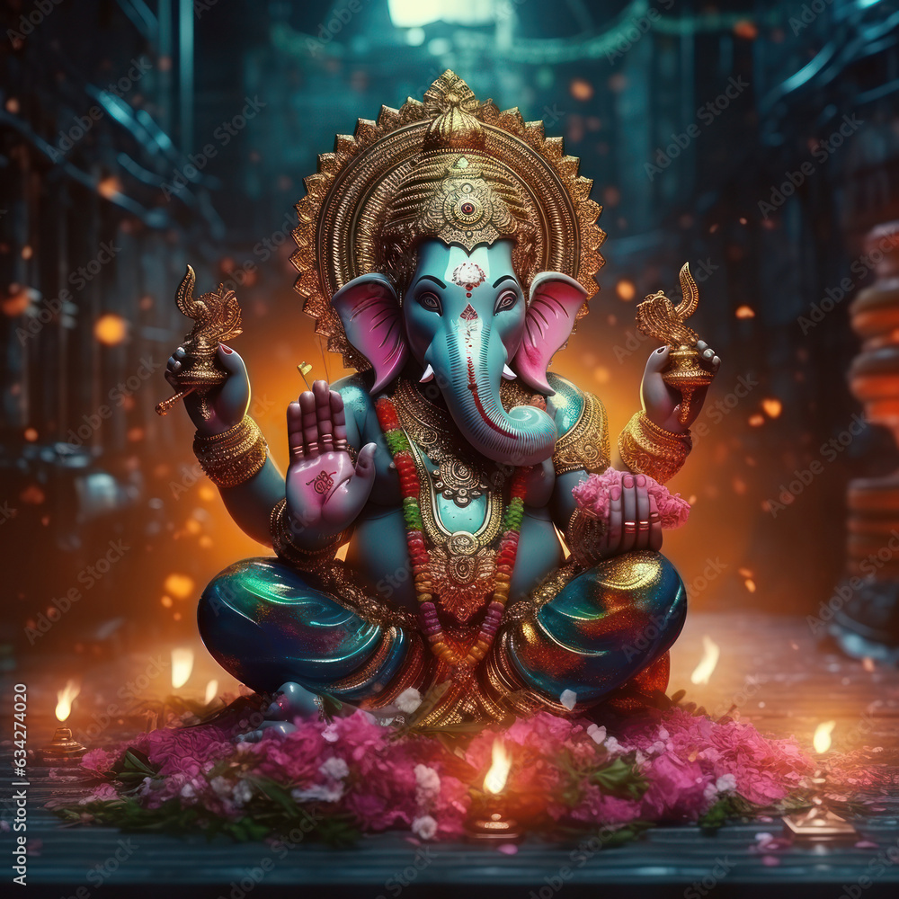 Colorful and decorative lord ganesha sculpture. Concept of Lord ganesha festival. Ai generated