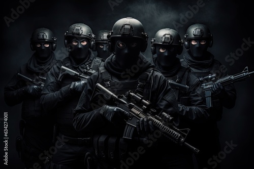 Group of special forces soldiers in black uniforms and masks with guns on dark background, Armed special forces group with shotguns on a Black background, face covered with masks, AI Generated