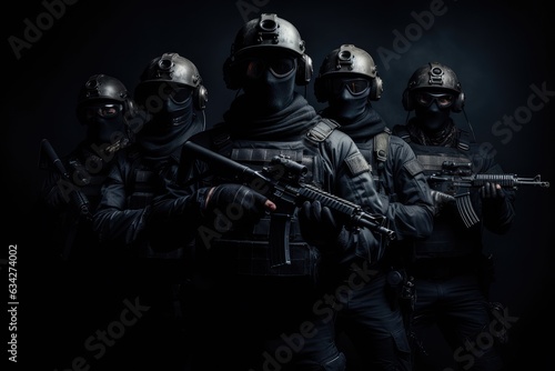 Group of special forces soldiers with assault rifle. Studio shot over dark background. Armed special forces group with shotguns on a Black background, face covered with masks, AI Generated