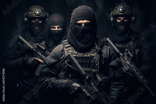Group of masked soldiers with guns and masks on a dark background. Armed special forces group with shotguns on a Black background, face covered with masks, AI Generated