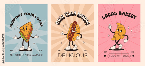 Print op canvas Vector cartoon retro mascot of bread, pastry, burger, sandwich