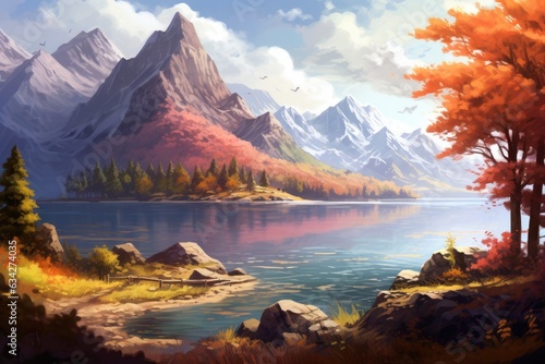 Beautiful autumn landscape with mountains and lake, digital painting, illustration, Autumn landscape with the lake and mountains in the background. Digital painting, AI Generated