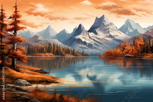 Mountain landscape with lake and forest at sunset. Digital painting. Autumn landscape with the lake and mountains in the background. Digital painting  AI Generated