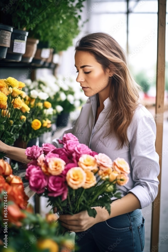 cropped shot of a female florist looking at flowers at her nursery