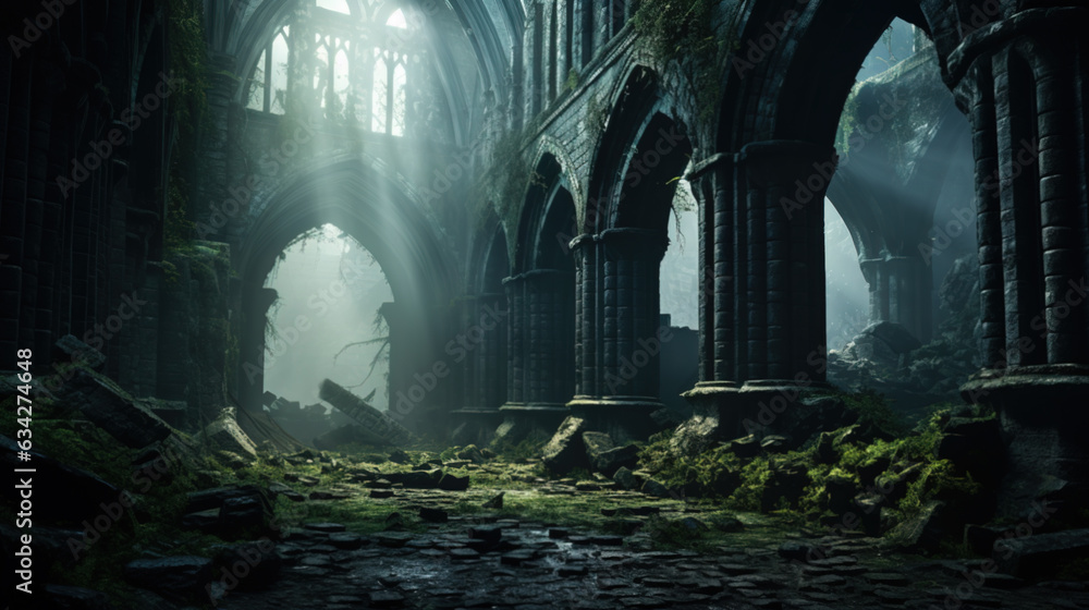 Inside old abbey ruins, mystical landscape. Generative AI.