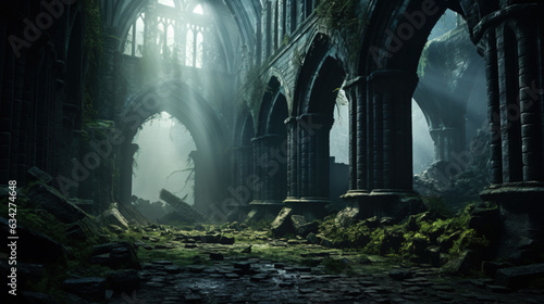 Inside old abbey ruins  mystical landscape. Generative AI.