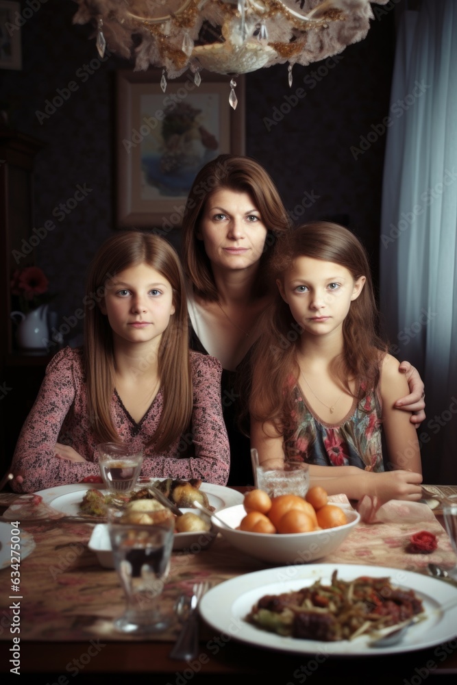 portrait of a mother and her two daughters having dinner at home portrait of a mother and her two daughters having dinner at home