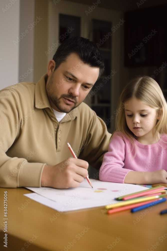 a young father studying with his daughter at the dining table a young father studying with his daughter at the dining table