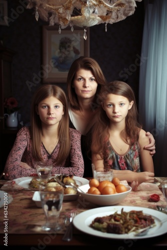 portrait of a mother and her two daughters having dinner at home
