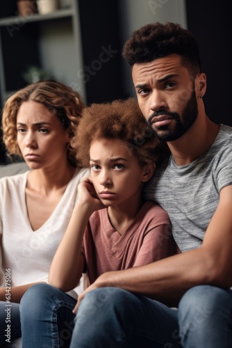 shot of a young family sitting on the sofa together and looking upset