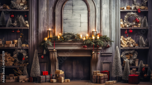 Stylish interior of living room with fireplace decorated Christmas tree. Christmas decoration. © zamuruev