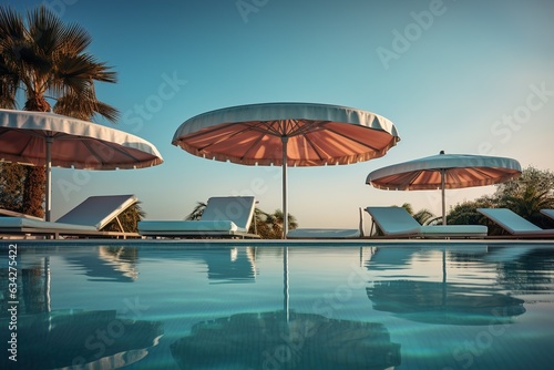 swimming pool with sun loungers and umbrellas without people © Fotograf