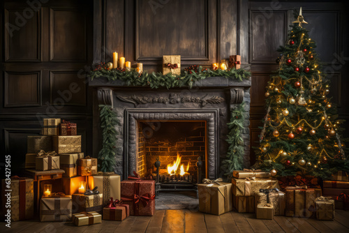 Stylish interior of living room with fireplace decorated Christmas tree. Christmas decoration.