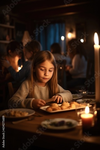 shot of a little girl using a tablet while having dinner with her family