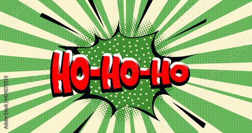 Comic with ho-ho-ho New Year vector pop art background, cartoon speech bubble, Christmas blue poster with snowflakes, funny balloon. Celebration illustration