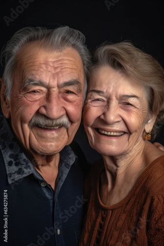 a senior couple smiling happily at the camera and looking relaxed
