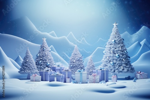 Christmas background with Christmas tree, gift boxes and snowflakes in purple and blue colors. Created with generative AI © annne