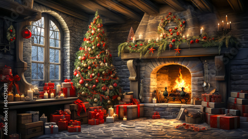 Stylish interior of living room with fireplace decorated Christmas tree. Christmas decoration. © zamuruev