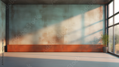 3d render of a blank frame and natural shadow. Large empty rusty iron wall room facade. Banner template for product presentation. copy text space.