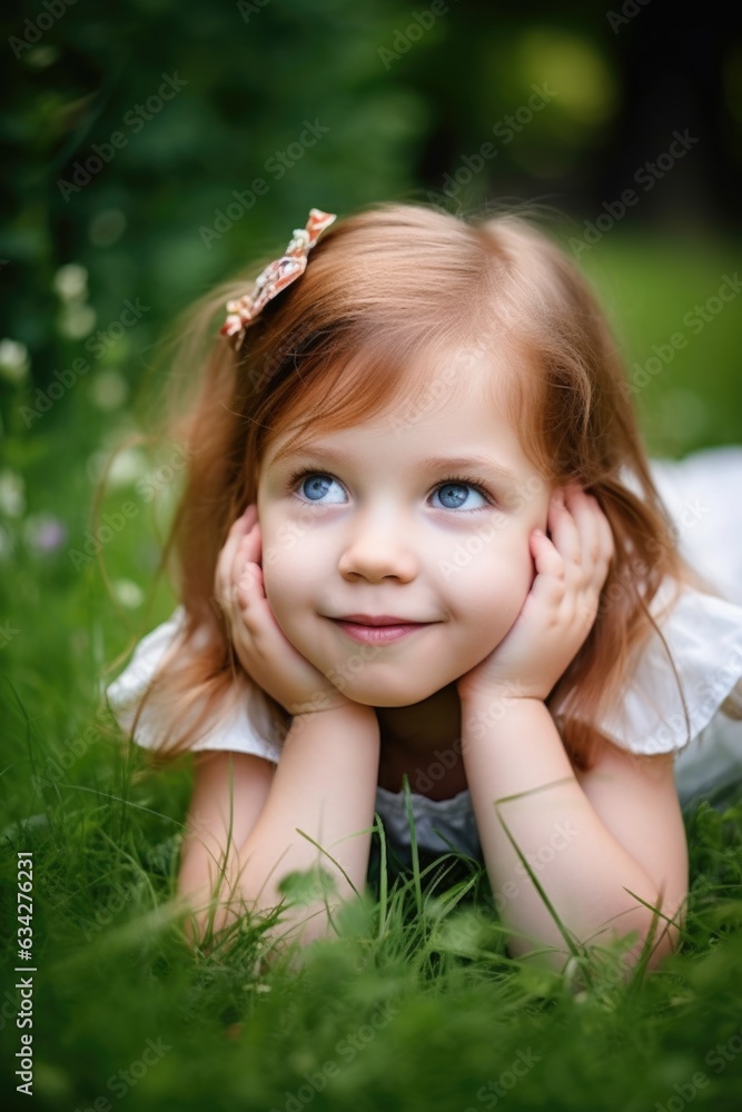 shot of an adorable little girl lying on the grass with her head in her hands shot of an adorable little girl lying on the grass with her head in her hands