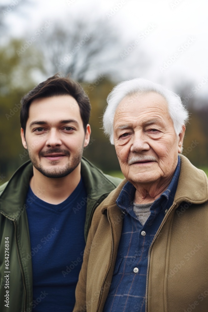 portrait of a man and his senior father standing outdoors