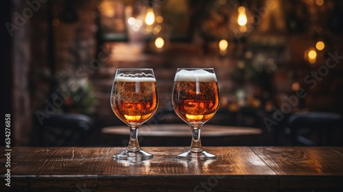 Two glasses of beer on a wooden table in a pub. Bokeh lights on background.