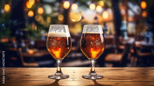 Two glasses of beer on a wooden table in a pub. Bokeh lights on background.
