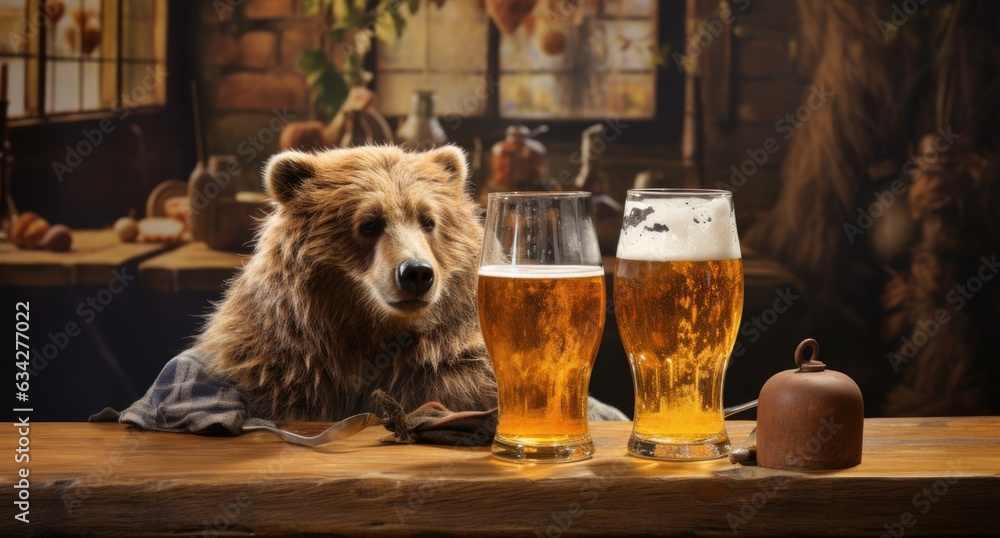 Two glasses of beer on a wooden table in a pub. Bear with light beer. - obrazy, fototapety, plakaty 