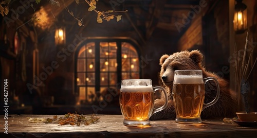 Two glasses of beer on a wooden table with a bear.