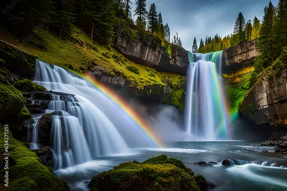 waterfall in the forest with rainbow generated by AI tool                               
