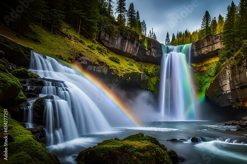 waterfall in the forest with rainbow generated by AI tool 