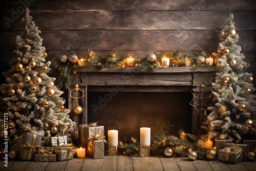 Stylish interior of living room with fireplace decorated Christmas tree. Christmas decoration.