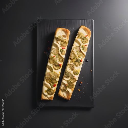 Spanish serrano ham with olives and breadstick on black slate background