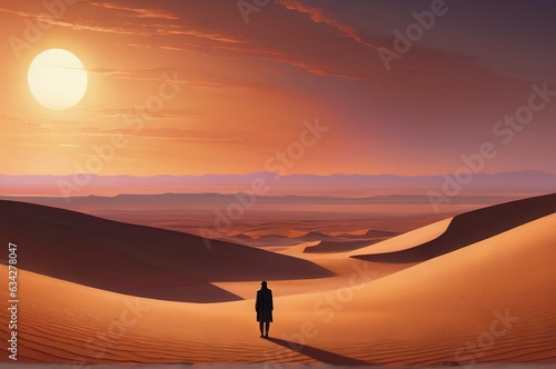 Alone Person in Long Coat Standing on a Sand Dune at Sunset