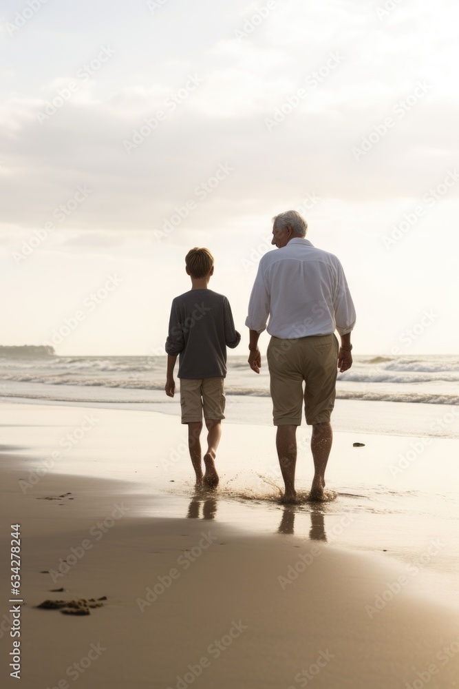 a father and son walking on the beach together